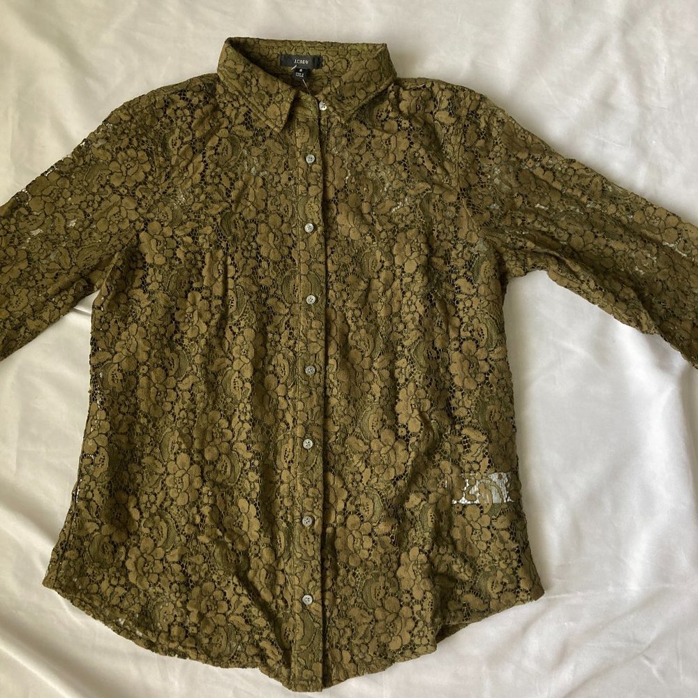 New With Tag J. Crew Women Lace Top Long Sleeve with Cami Lined Olive Green 8